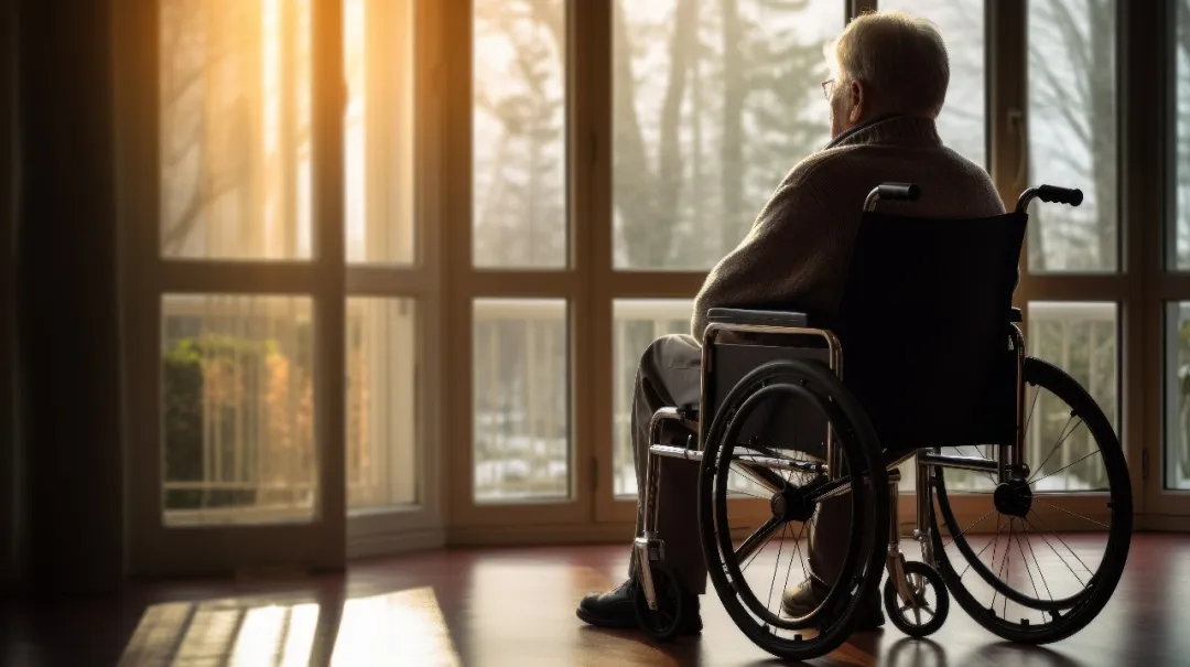An elderly person sitting quietly by the window in a wheelchair